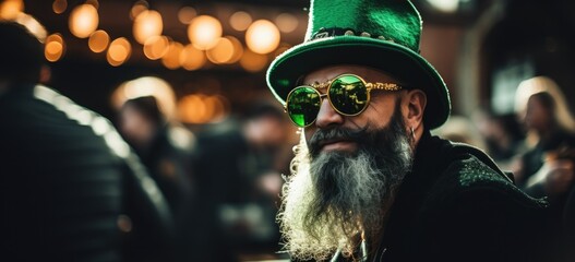Man in green hat and sunglasses celebrating St. Patrick's Day. Holiday festivity. Banner.