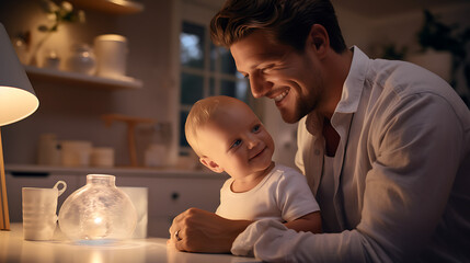 A father gently rocking his baby to sleep in a stylish nursery, showcasing the serenity and peace of bedtime rituals in a realistic HD photo - Powered by Adobe