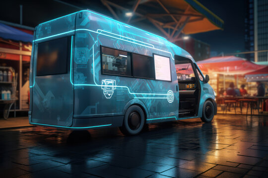 An illustration of a food truck with a visible QR code for customers to scan and place orders, showcasing the integration of contactless ordering and payment systems. Generative Ai.