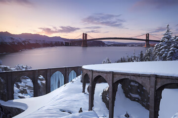 Big bridge at sunset. Generative AI.