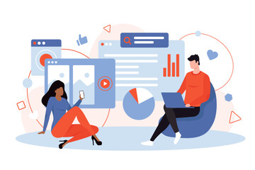 Web content search and study information online. Tiny people with laptop and mobile phone surfing internet, man and woman users work with browser windows and services cartoon vector illustration