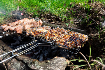 meat grilled on the grill in nature.