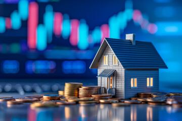 Miniature blue house model amidst coin stacks on a backdrop of stock exchange graph, symbolizing real estate pricing trends and investment strategies - obrazy, fototapety, plakaty