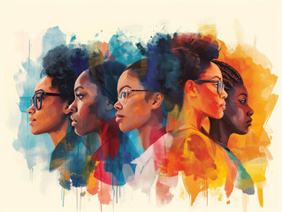 Black History Month colourful abstract illustration of Diverse representations of African-American woman across different fields like science, sports, literature, and business - obrazy, fototapety, plakaty