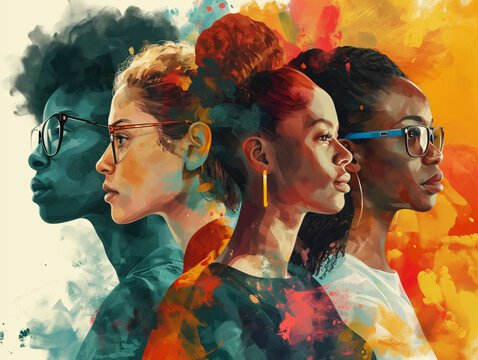 Diverse representations of woman figures different ages across different fields like science, sports, literature, and business