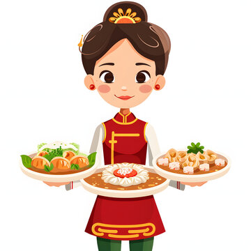 Individual presenting a beautifully arranged chinese dish isolated on white background, cartoon style, png
