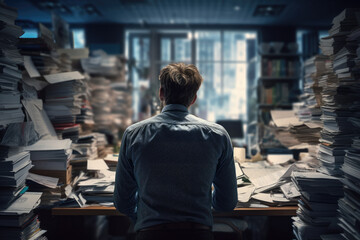 Exhausted man in the office full of folders and work ,back view.	
