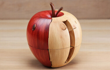 red apple on a board, Wooden apple.  Website, application, games template. Computer, laptop wallpaper. Design for landing, creative idea, xonceptual picture of apple logo from wood