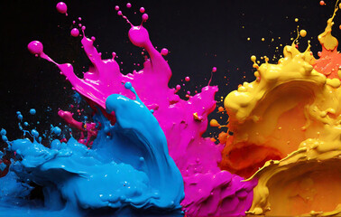Abstract colorful splash 3d background, Rainbow paint splash, splashes of paint and ink with drops. Liquid multi-colored paint falls, spills and splatters, desktop wallpaper for PC