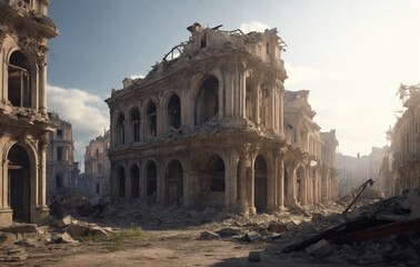 ruins of an old building, Destroyed buildings, affected by war, wisted metal, wood and wires., ruined walls of  houses,, bright sunny daylight, rubble filled war zone  , destroyed historical place