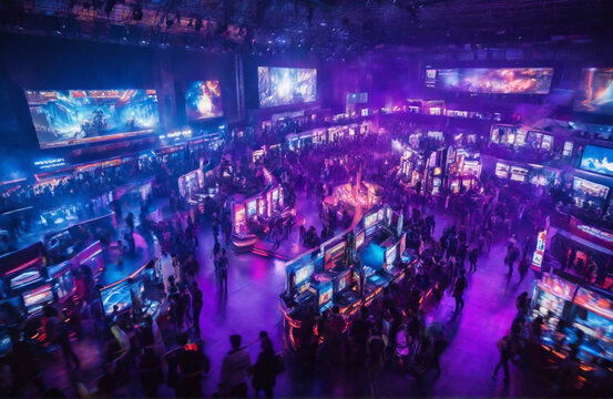 club lights, World region gaming expo, gaming industry event or gaming competition amusement, with many live-action players, neon lights, top view