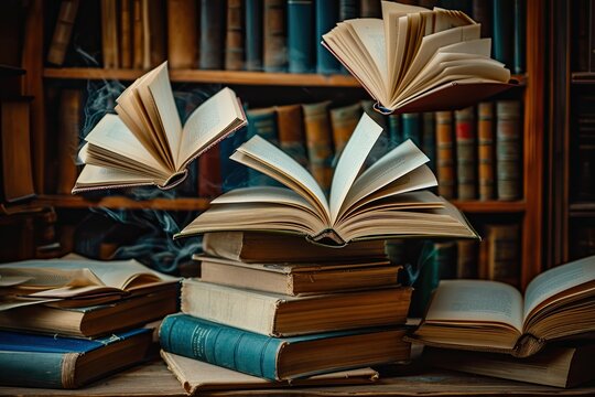 A stack of open books with pages fluttering, conveying the notion of gaining knowledge and inspiration 