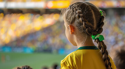 A young girl in yellow and green attire watches the Australian team at the Women's World Cup from the stadium, with a blurred background.