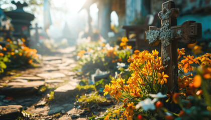 Fototapeta na wymiar Rustic Easter Cross Standing in old cemetery among flowers and greenery and illuminated by morning sunligh