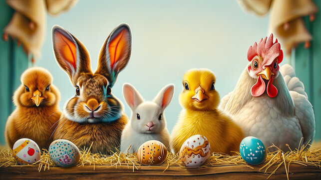 Easter Portrait: Rabbit, Lamb, Baby Chick, and Hen with a Colorful Painted Easter Eggs