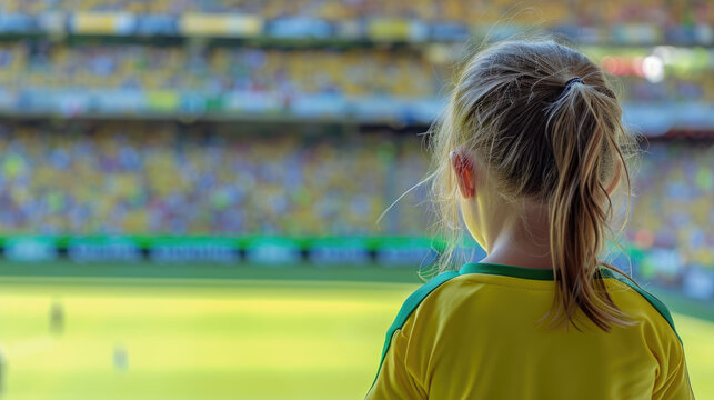 Back view of a girl in yellow and green, watching the Australian team play at the Women's World Cup, with the stadium in the background.