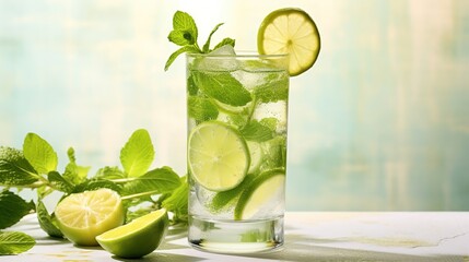 Mojito cocktail with lime and lemon, ice cubes and mint. cool alcoholic drink with lemon and lime in a glass