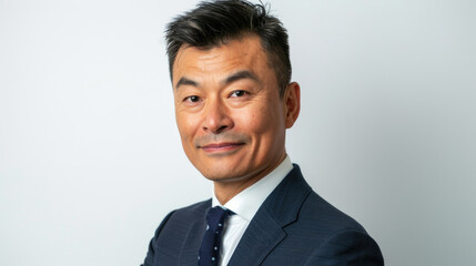 Closeup portrait of a chinese business man against a white studio background