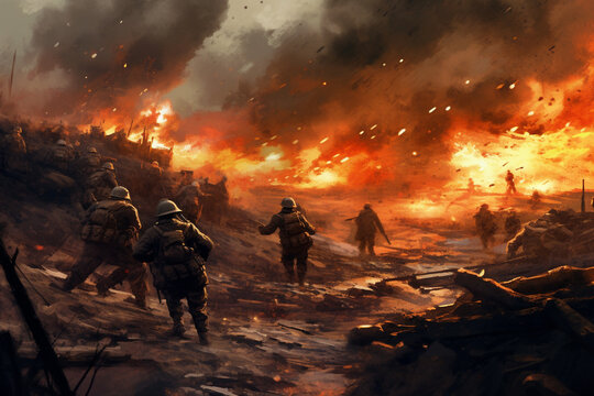 battlefield scene with soldiers entrenched in muddy trenches, surrounded by chaos, explosions, and billowing smoke, generative ai