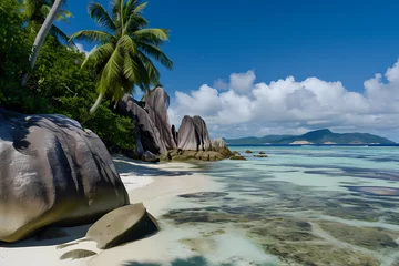 Photo sur Plexiglas Anse Source D'Agent, île de La Digue, Seychelles Anse Source d'Argent, Seychelles - With unique granite boulders, powdery pink sand, and vibrant coral reefs, Anse Source d'Argent is a stunning beach nestled on La Digue Island