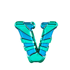 Blue 3d symbol with turquoise horizontal thin straps. letter v