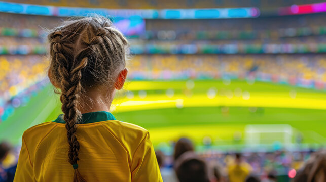 Back view of a girl in yellow and green, watching the Australian team play at the Women's World Cup, with the stadium in the background.