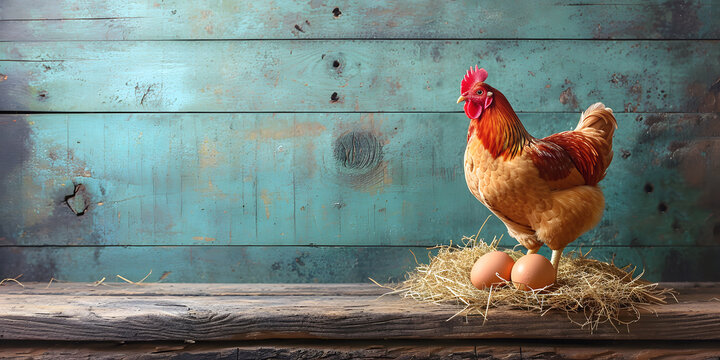 Large golden hen and two eggs in a piece of straw on wooden spectacular backdrop with weathered material, farming and poultry concept