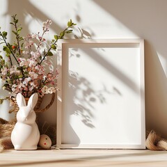 Easter Composition with Bunny Figurine and Spring Flowers