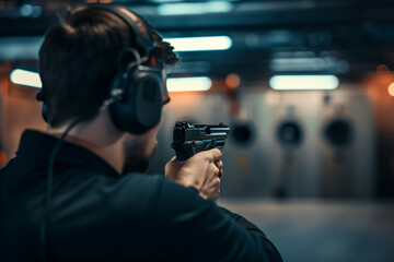 A man at a shooting range. Background with selective focus and copy space - obrazy, fototapety, plakaty