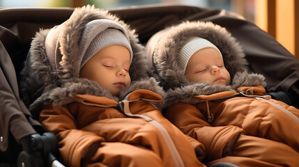 Twin babies nestled in a double stroller during a peaceful nap, surrounded by soft blankets, capturing the sweetness of sibling bonds in a realistic HD image
