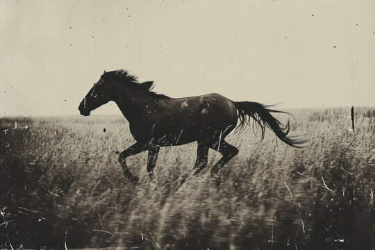 Running horse, old scratched and damaged grungy film