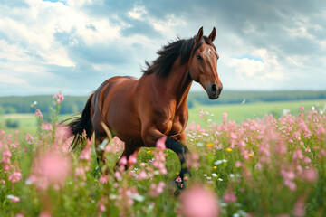 Peaceful background - brown horse running on green grass meadow with pink flowers