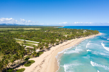 Wild tropical beach with palm trees and turquoise caribbean sea. Beautiful beachfront. Aerial view