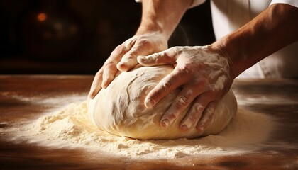 Experienced baker s hands skillfully kneading dough for authentic artisan bread making