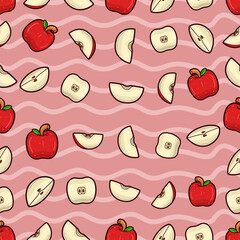 Apple Fruit Seamless Pattern in Cartoon Style. Perfect For Background, Backdrop, Wallpaper and Cover Packaging.