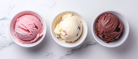 Neatly scooped ice cream in strawberry, vanilla, and chocolate flavors offer a classic trio for a sweet delight