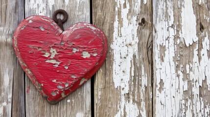 A rustic, heart-shaped object painted red against a weathered wooden background, symbolizing love with a touch of vintage charm