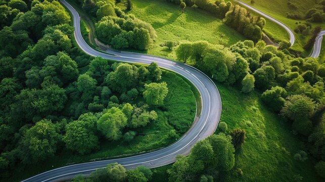 An aerial view of a curvy road slicing through a lush green landscape, illustrating nature's interface with human-made infrastructure