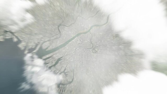 Earth zoom in from space to Osaka, Japan. Followed by zoom out through clouds and atmosphere into space. Satellite view. Travel intro. Images from NASA