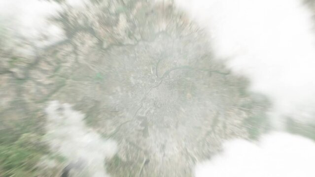 Earth zoom in from space to Pune, India. Followed by zoom out through clouds and atmosphere into space. Satellite view. Travel intro. Images from NASA