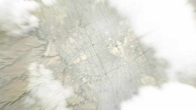Earth zoom in from space to Riyadh, Saudi Arabia. Followed by zoom out through clouds and atmosphere into space. Satellite view. Travel intro. Images from NASA