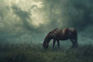 A horse grazing on a meadow, in the storm