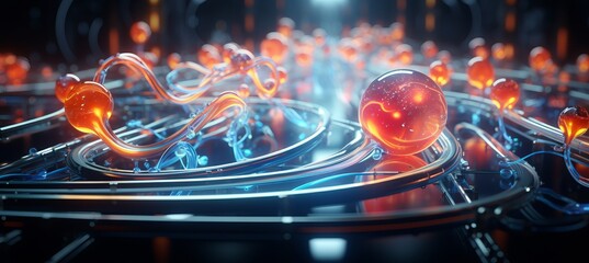 Obraz premium Metallic shiny reflective rotating surreal fluid blobs in atmospheric fantasy gas environment