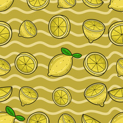 Lemon Fruit Seamless Pattern in Cartoon Style. Perfect For Background, Backdrop, Wallpaper and Cover Packaging.