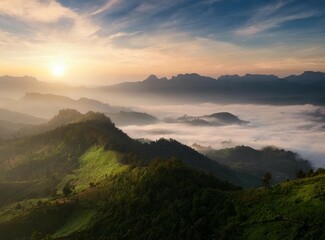Aerial view of foggy mountains wallpaper