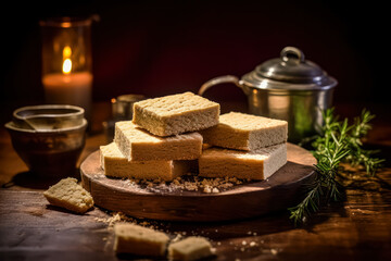 Indulge in the crumbly goodness of Scottish shortbread, elegantly served on a wooden table. This classic treat captures the essence of buttery delight.