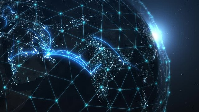 Global social connections of the world network. Modern business and technology, information exchange concept. Lines connect cities. Social media, data distribution. Worldwide digital net. 4k footage.