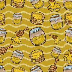 Honey Seamless Pattern in Cartoon Style. Perfect For Background, Backdrop, Wallpaper and Cover Packaging.