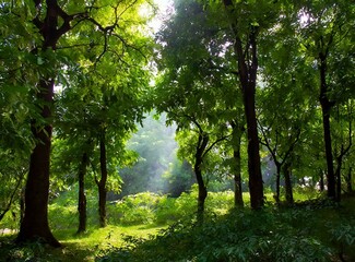 Fototapeta premium Green sunny forest background