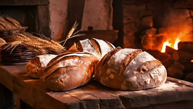 Freshly baked bread loaves on a wooden table in front of a warm flaming hearth